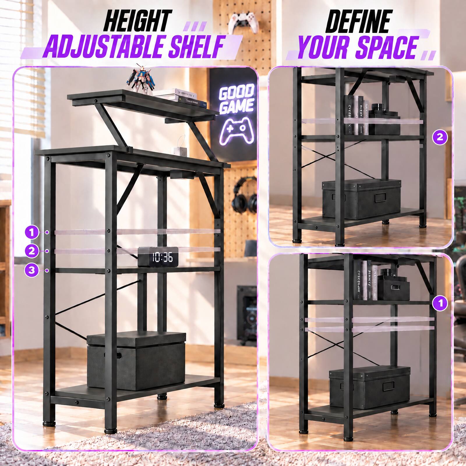 HEIGHT ADJUSTABLE SHELF  
Coca-Cola GOOD GAME  
DEFINE YOUR SPACE...  
1  
2  
3  
10:36  
CYSERRANK  
MEXIC