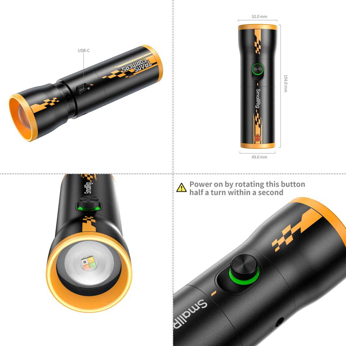 52.0 mm USB-C FORMER  
154.0 mm  
49.0 mm  

SmallRig Power on by rotating this button half a turn within a second