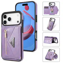 Dteck - Crossbody Zipper Wallet Case with Adjustable Lanyard for Apple iPhone 17 Pro Max Kickstand Cover - Purple