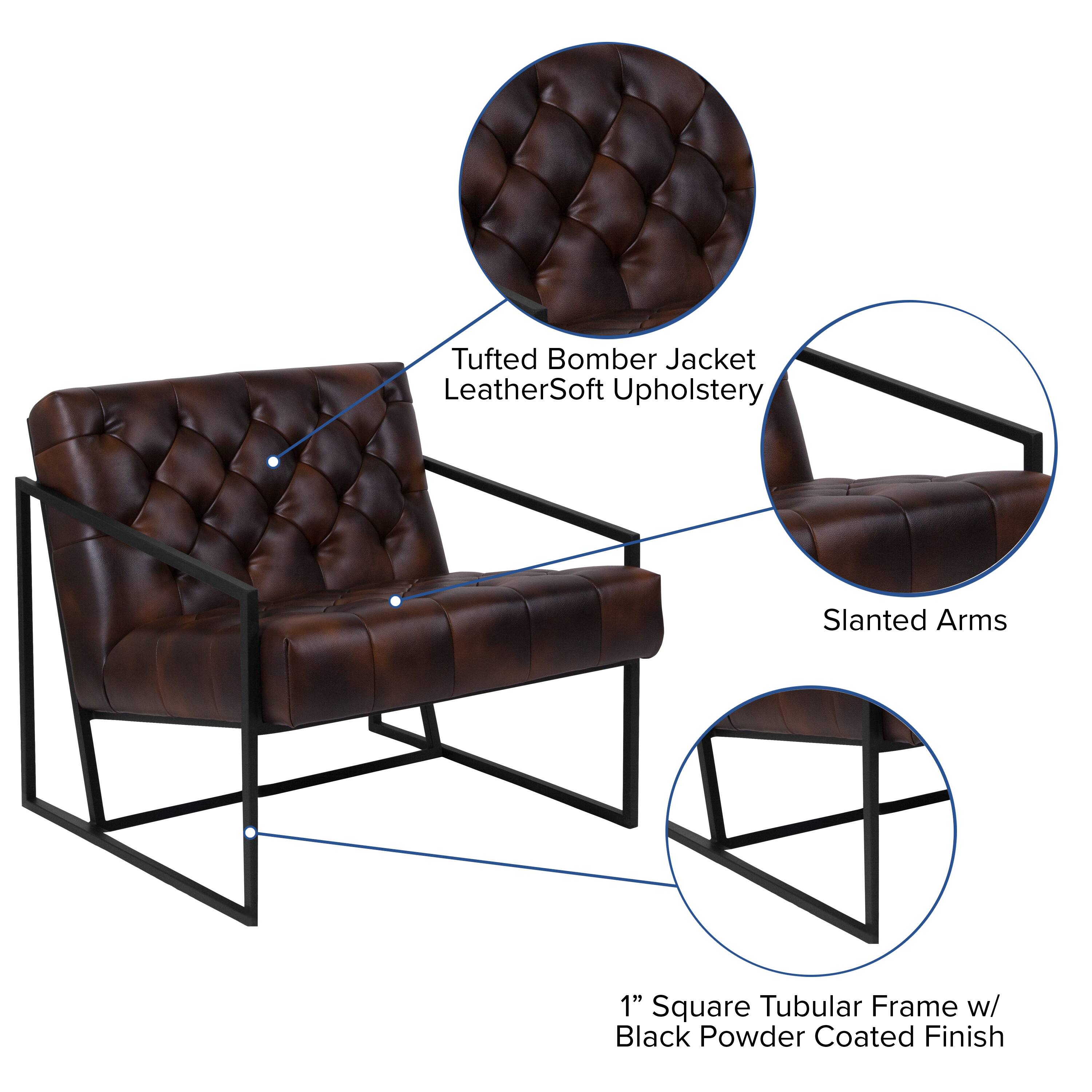 Tufted Bomber Jacket Leather Soft Upholstery  
Slanted Arms  
1" Square Tubular Frame w/ Black Powder Coated Finish