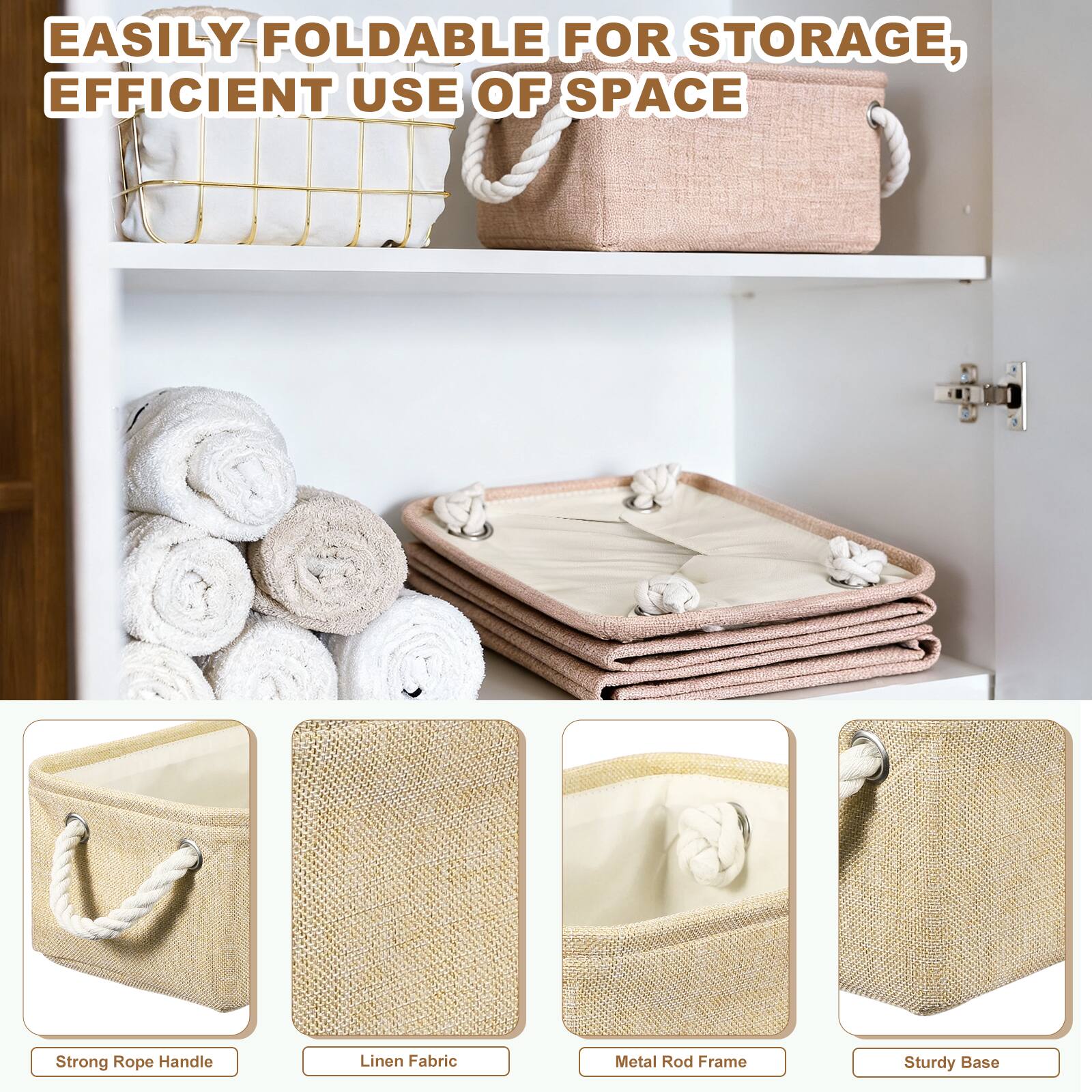 EASILY FOLDABLE FOR STORAGE, EFFICIENT USE OF SPACE

Strong Rope Handle
Linen Fabric
Metal Rod Frame
Sturdy Base