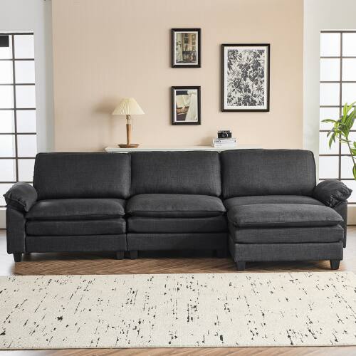 Alt View 5. Winado - Coarse Cotton L-Shaped Sectional Modular Deep Seat Sofa Couch with Footstool for Living Room Apartment, Studio, Office - Black.
