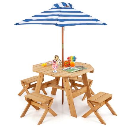 Front. Costway - Costway Kids Wooden Table Set with Octagon Table 4 Stools & Removable Adjustable Umbrella - Natural.