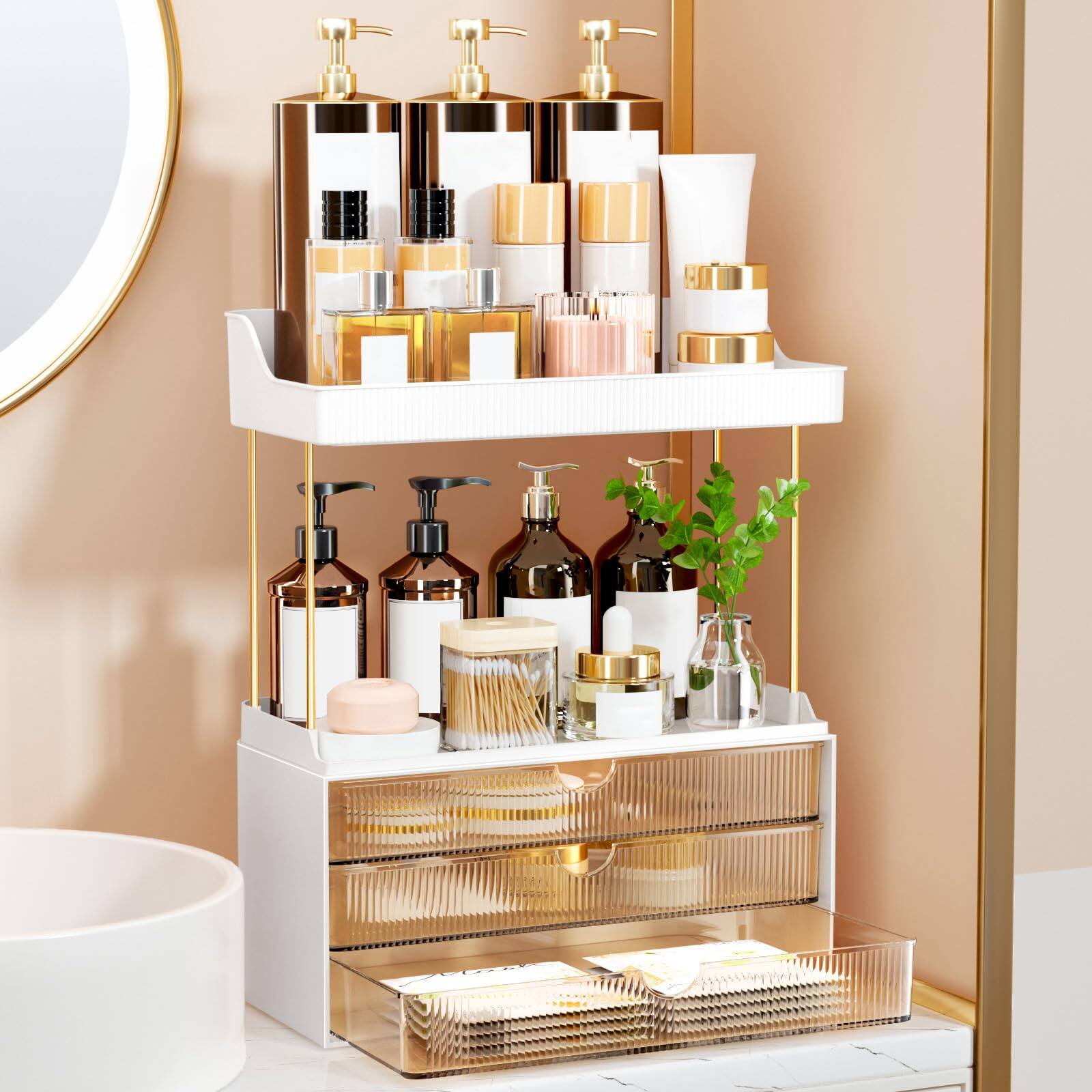 Front. Paradigms Interiors - 3 Drawers Makeup Organizer - 5 Tier Bathroom Organizers And Storage Versatile Perfume Vanity Ideal For Skin... - Amber.