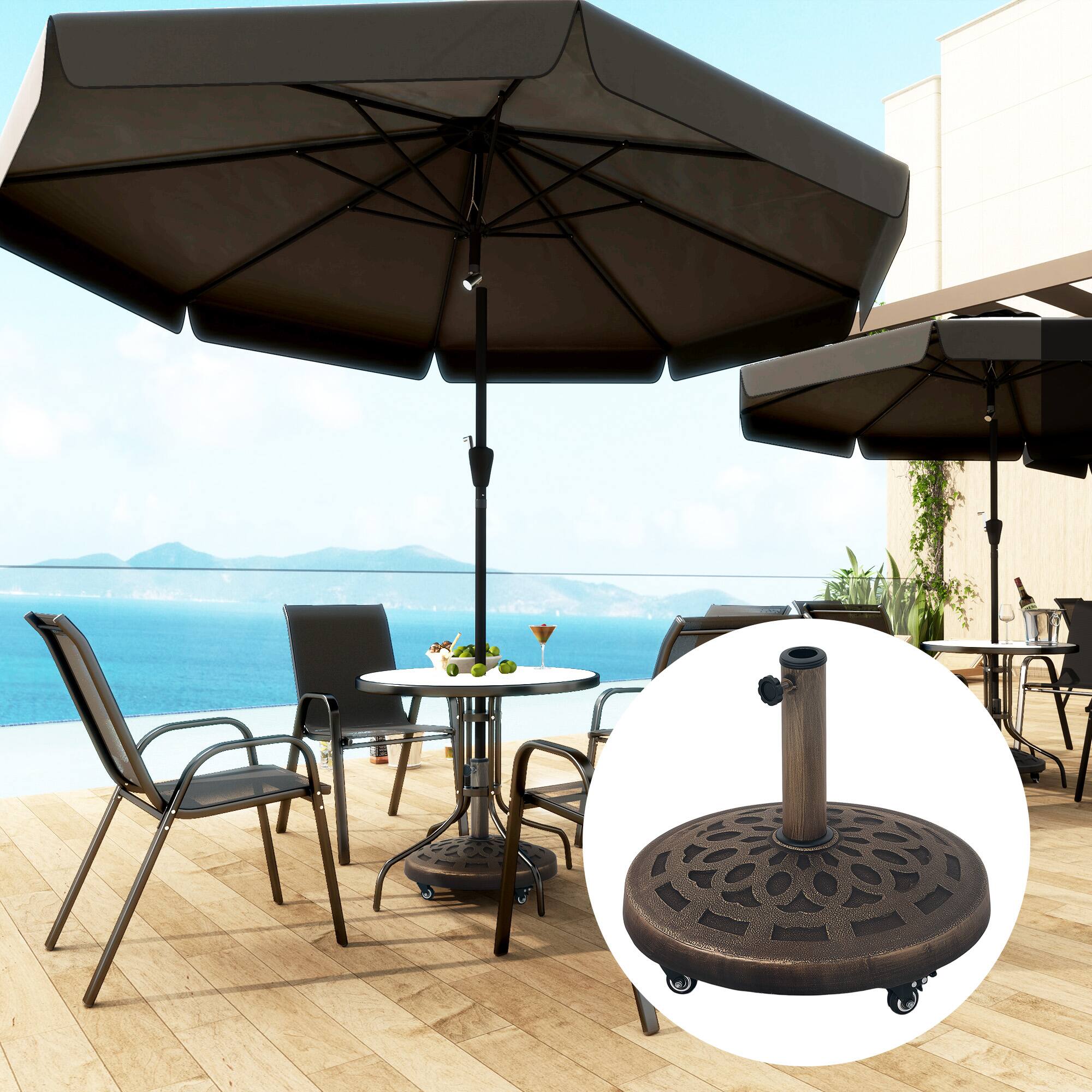 Angle. Outsunny - Round Patio Umbrella Base with Wheels, 46 lbs Resin Umbrella Stand Base, Heavy Duty Patio Umbrella Holder - Bronze.
