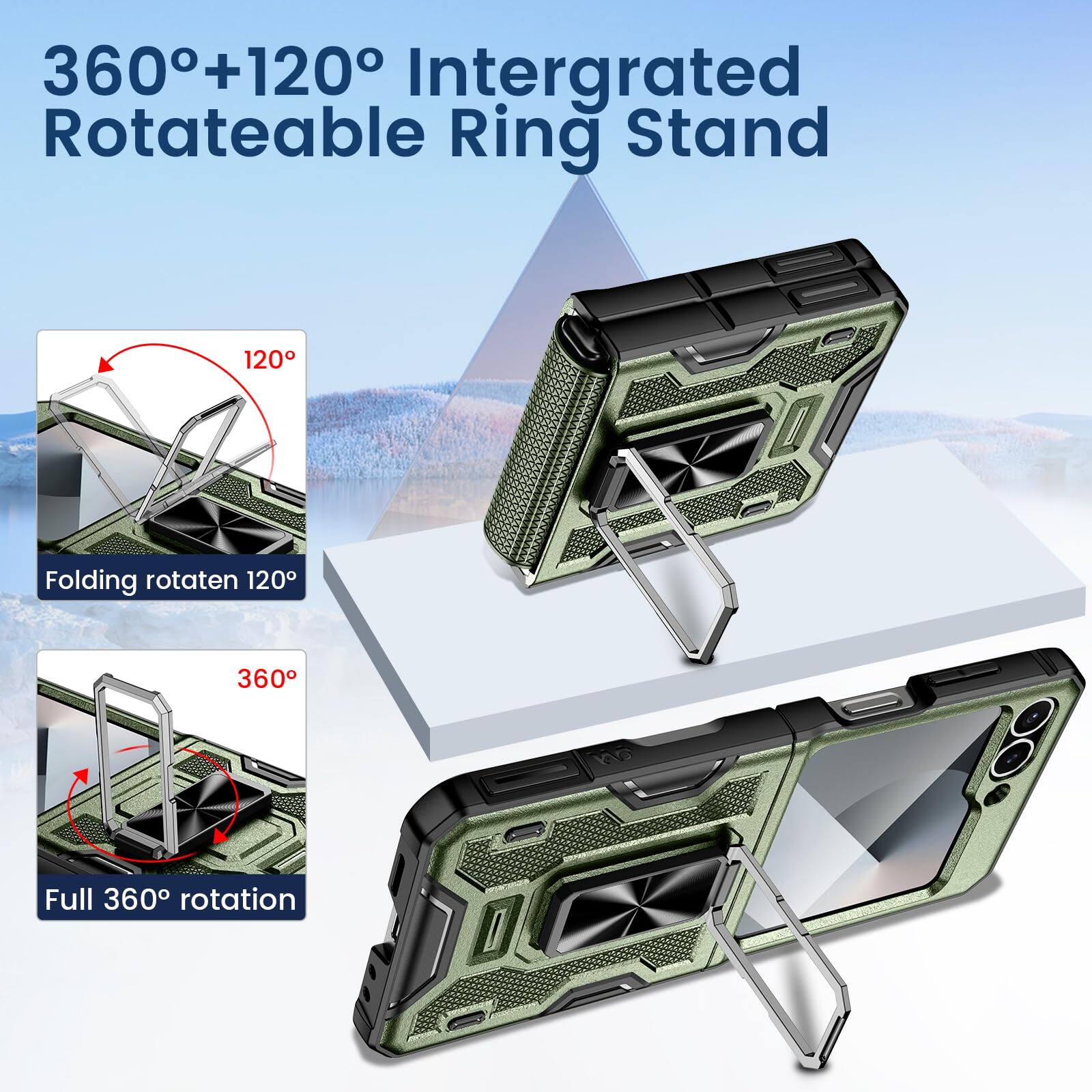 360°+120° Integrated Rotateable Ring Stand

- Folding rotaten 120°
- Full 360° rotation