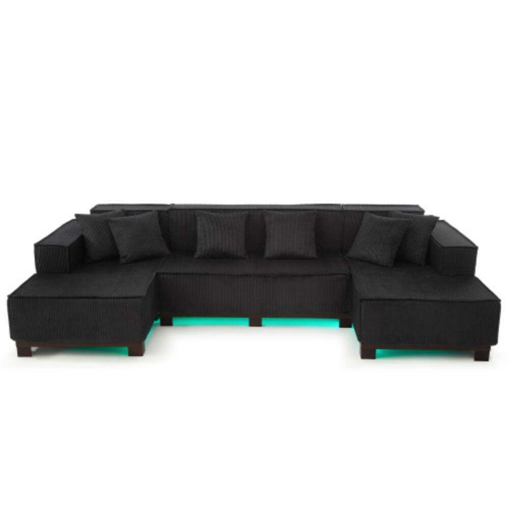 Alt View 6. LUCKY ONE - 130" U-Shaped Sectional Sofa w/ RGB LED Light Strip & 6 Pillows Corduroy Fabric - Black.