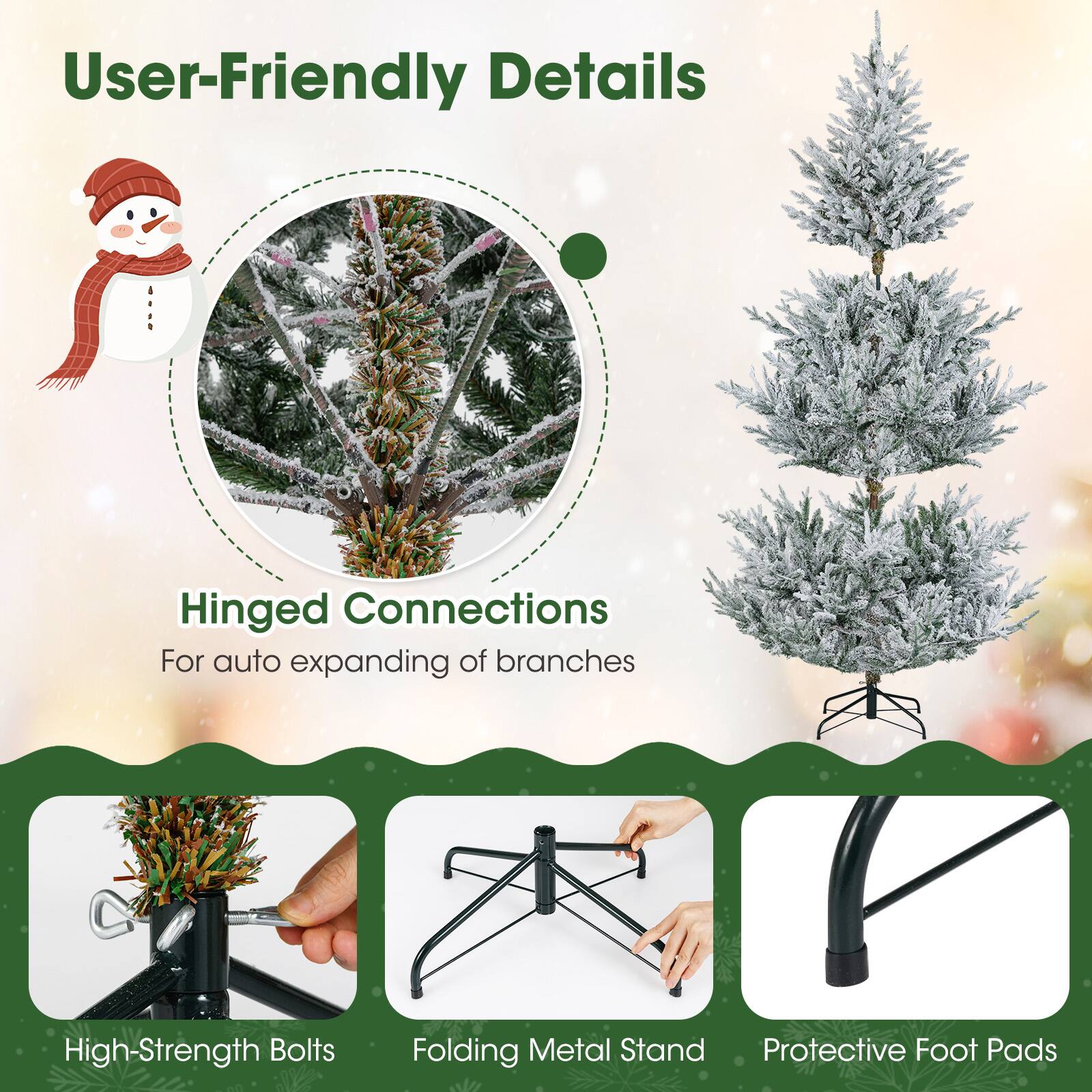 User-Friendly Details

Hinged Connections
For auto expanding of branches

High-Strength Bolts

Folding Metal Stand

Protective Foot Pads