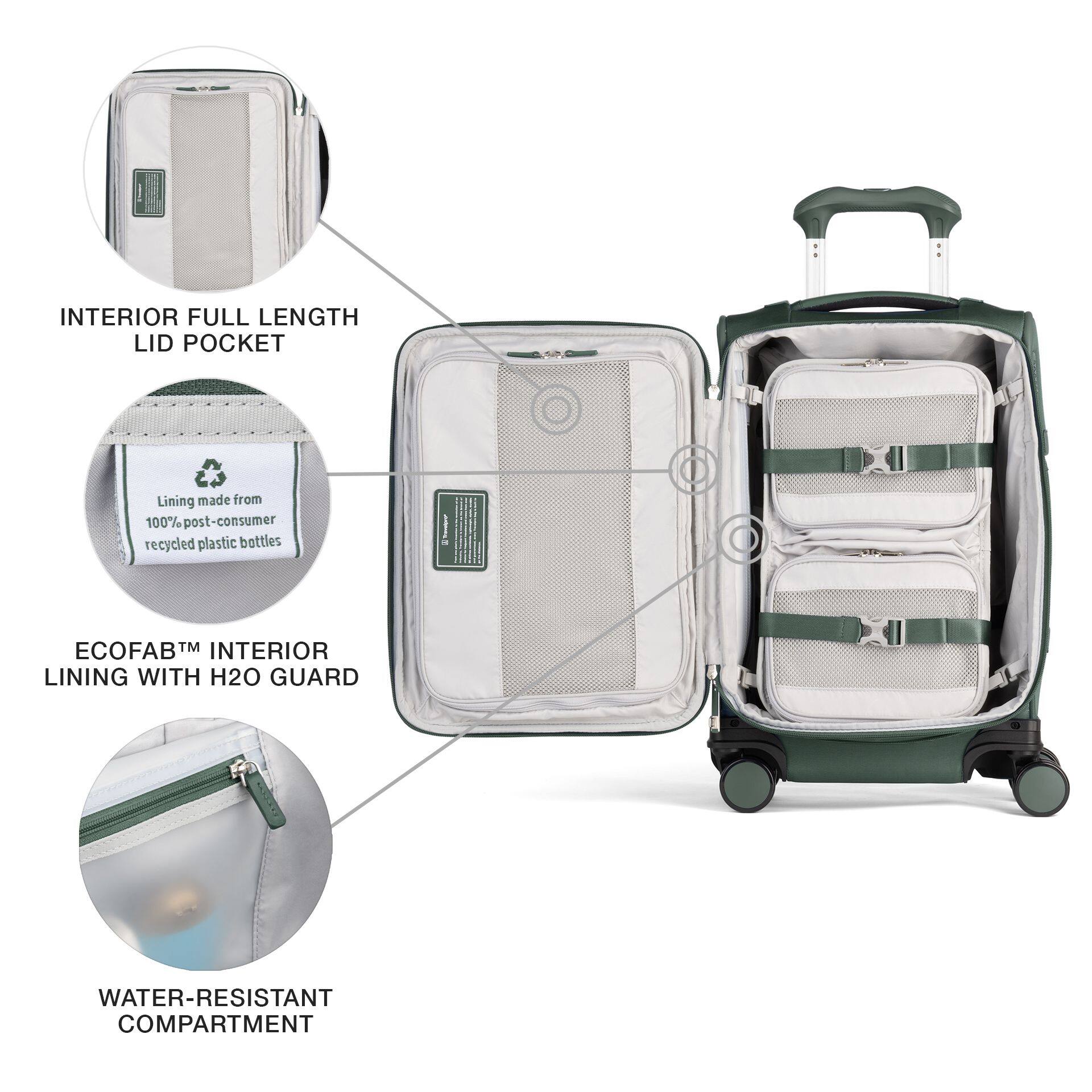 INTERIOR FULL LENGTH LID POCKET

Lining made from 100% post-consumer recycled plastic bottles

ECOFAB™ INTERIOR LINING WITH H2O GUARD

WATER-RESISTANT COMPARTMENT