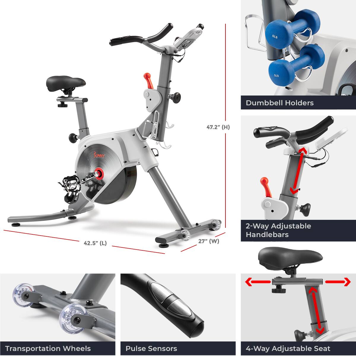 SLR I MB Dumbbell Holders 47.2" (H) SUNNY O 42.5" (L) 27" (W) 2-Way Adjustable Handlebars Transportation Wheels Pulse Sensors 4-Way Adjustable Seat