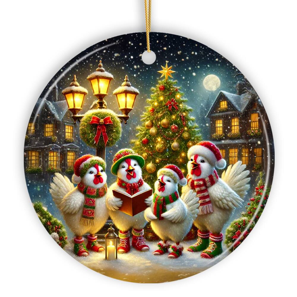 Front. OrnamentallyYou - Delightful Victorian Chicken Carolers Ornament Cozy Christmas Tree Decor Circle Version - Multi-colored.