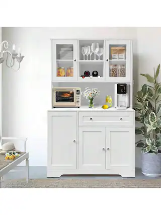 Front. GARVEE - Home Kitchen Pantry Storage Cabinet, Modern Buffet Cabinet With Microwave Stand, Tall Kitchen Hutch Cabinet, White - White.