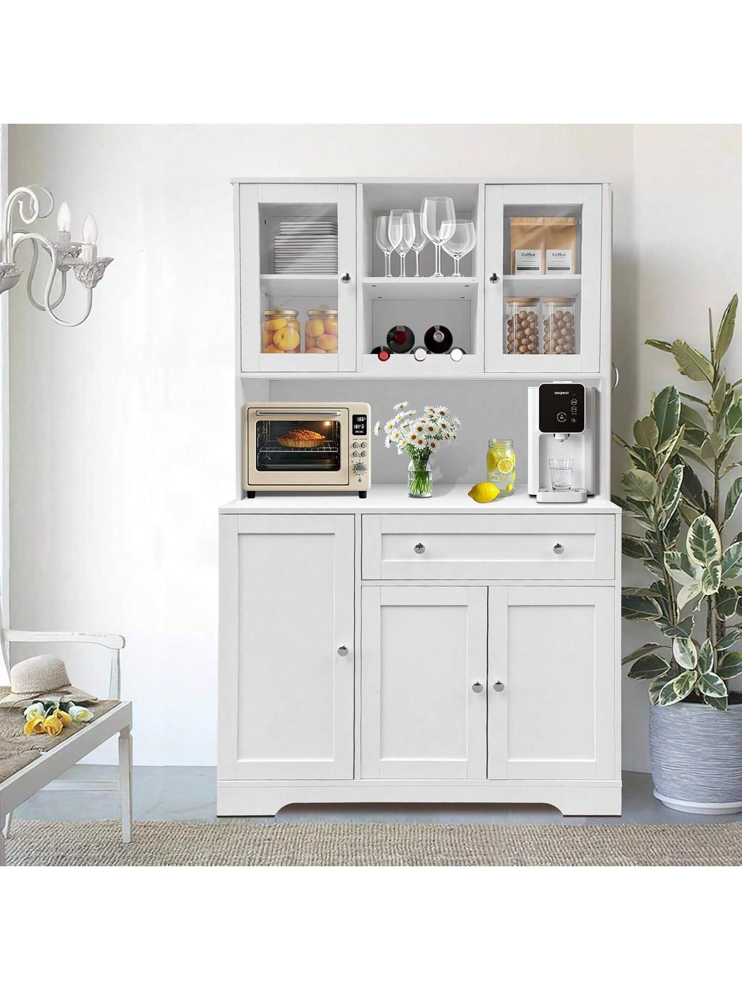 Front. GARVEE - Home Kitchen Pantry Storage Cabinet, Modern Buffet Cabinet With Microwave Stand, Tall Kitchen Hutch Cabinet, White - White.