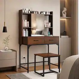WELLFOR - Makeup Vanity Desk with Mirror Door Cabinet,Charging Station,2 Drawers and Matching Stool for Bedroom Dorm Apartment - Walnut