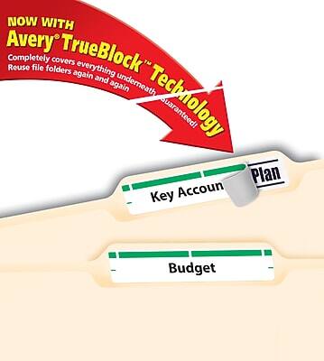 NOW WITH Avery® TrueBlock™ Technology  
Completely covers everything underneath  
Reuse file folders again and again  

Plan  
Key Account  
Budget