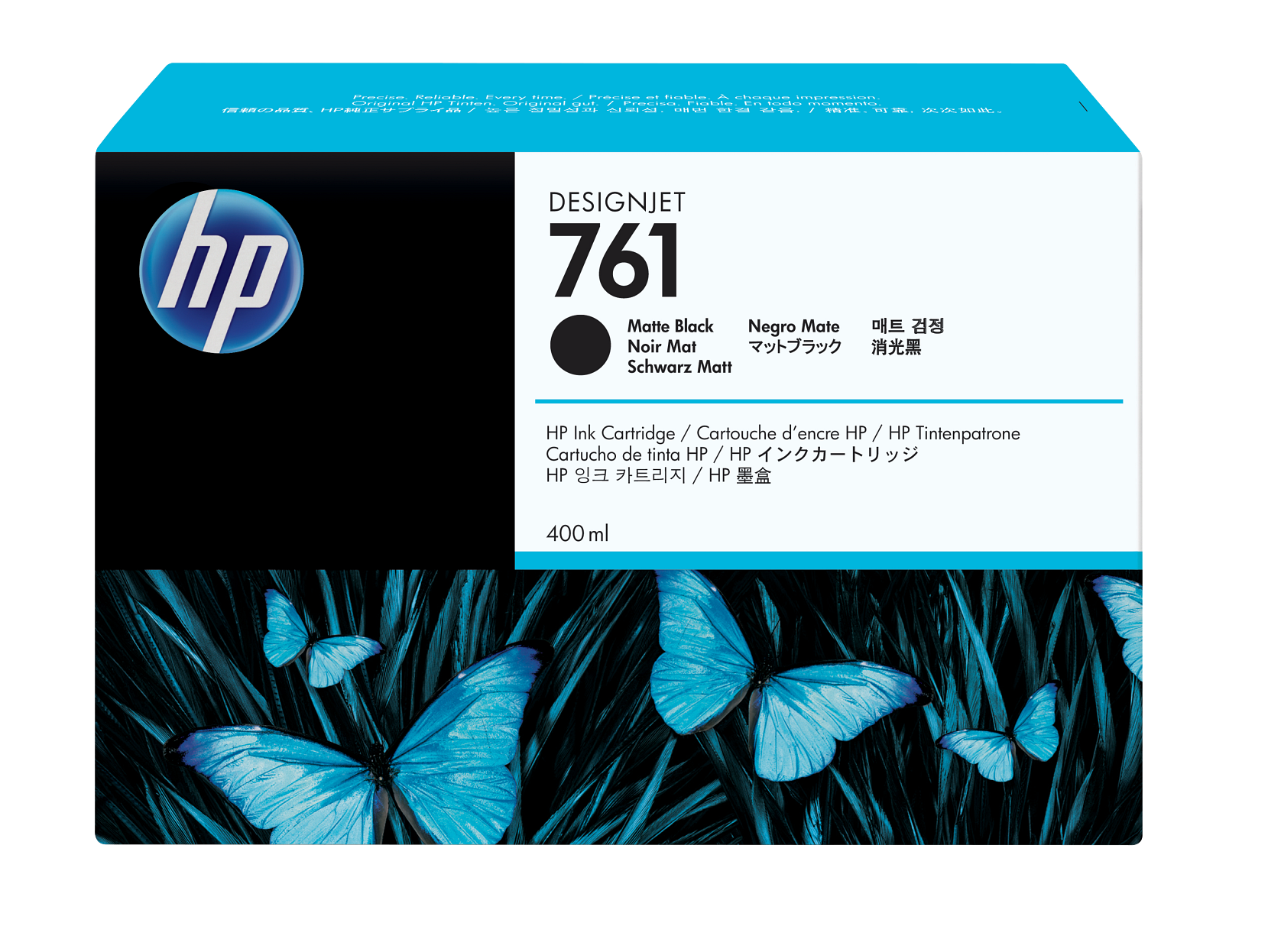 Precise Reliable. Every time, Precise 1 fiable cheqye Imerassian mainal out. n todo mamenia  HPM WE  , BIWL  ,    DESIGNJET hp 761 Matte Black Negro Mate   Noir Mat   Schwarz Matt HP Ink Cartridge / Cartouche d'encre HP HP Tintenpatrone Cartucho de tinta HP / HP   / HP 
400 ml