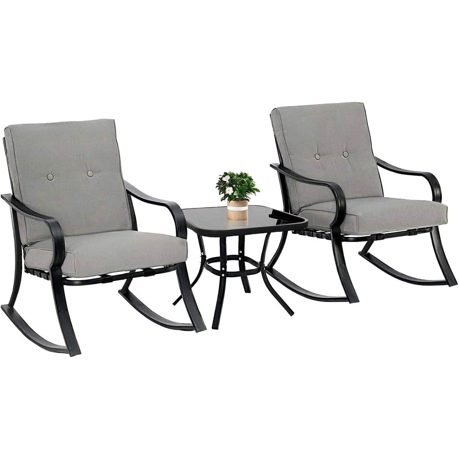 Hivvago - Outdoor 3-Piece Patio Furniture Table Rocking Chairs Set with Grey Cushions - Gray