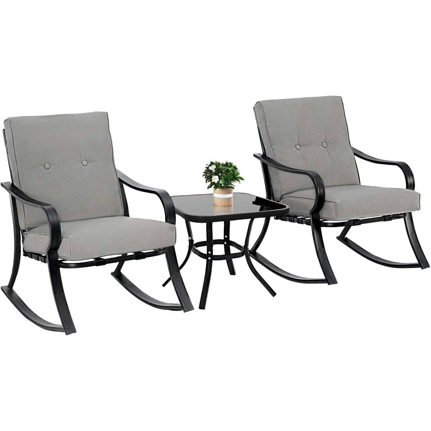 Hivvago - Outdoor 3-Piece Patio Furniture Table Rocking Chairs Set with Grey Cushions - Gray