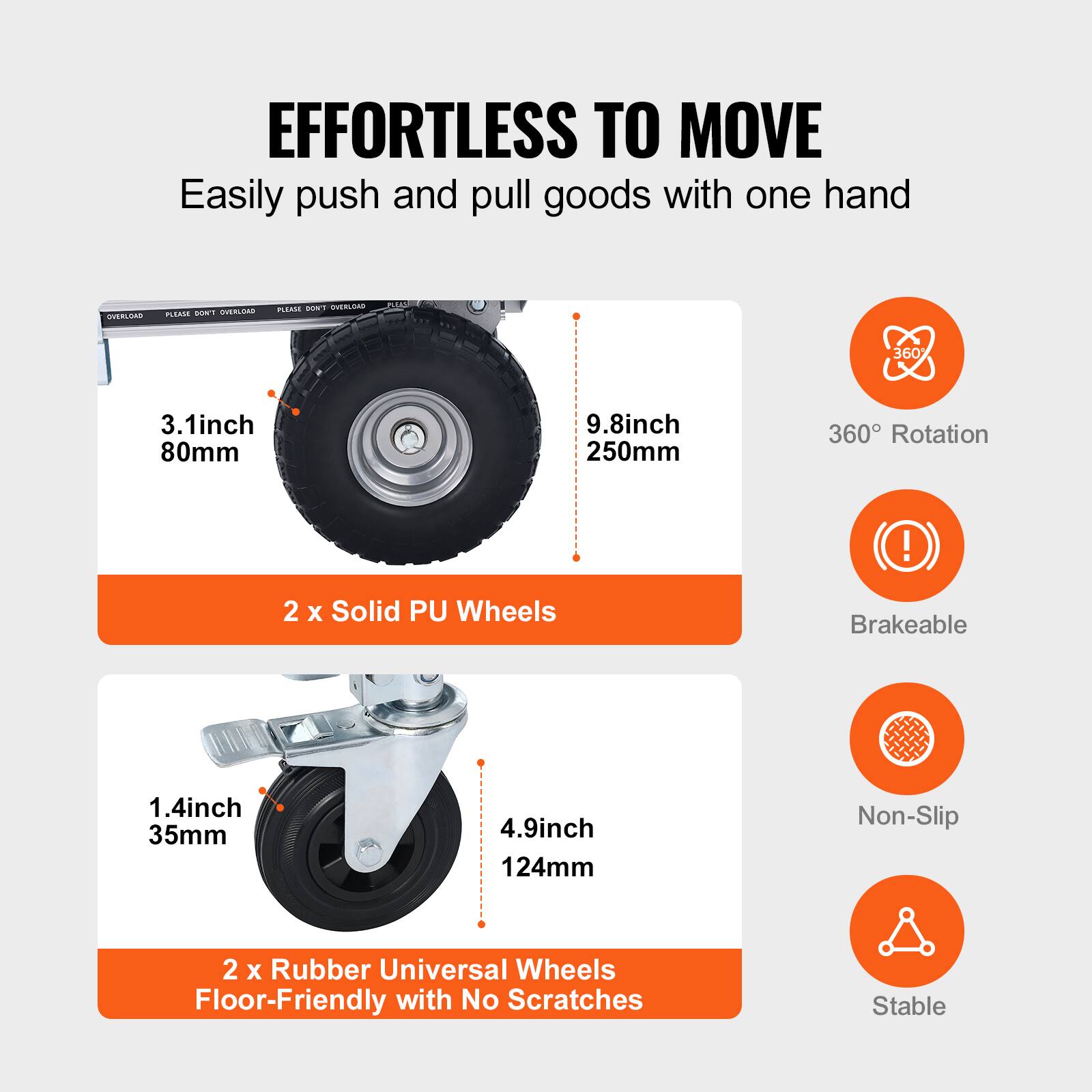EFFORTLESS TO MOVE  
Easily push and pull goods with one hand  

- 2 x Solid PU Wheels  
  - 3.1 inch 80mm  
  - 9.8 inch 250mm  
  - 360° Rotation  
  - Brakeable  

- 2 x Rubber Universal Wheels  
  - 1.4 inch 35mm  
  - 4.9 inch 124mm  
  - Floor-Friendly with No Scratches  
  - Non-Slip  
  - Stable