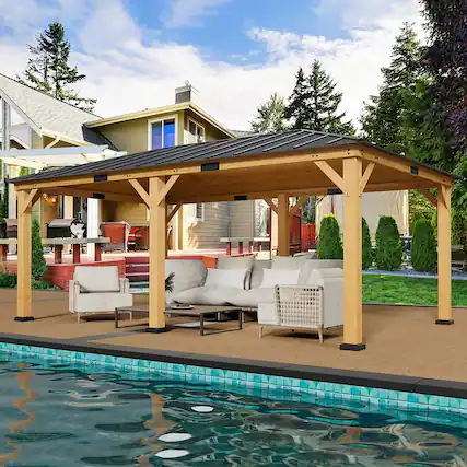 Front. U-HOMY - Hardtop Spruce Wood Gazebo with Asphalt Roof, Outdoor All-Weather Pergola Shelter for Patio, Deck & Backyard - 12'x20'.