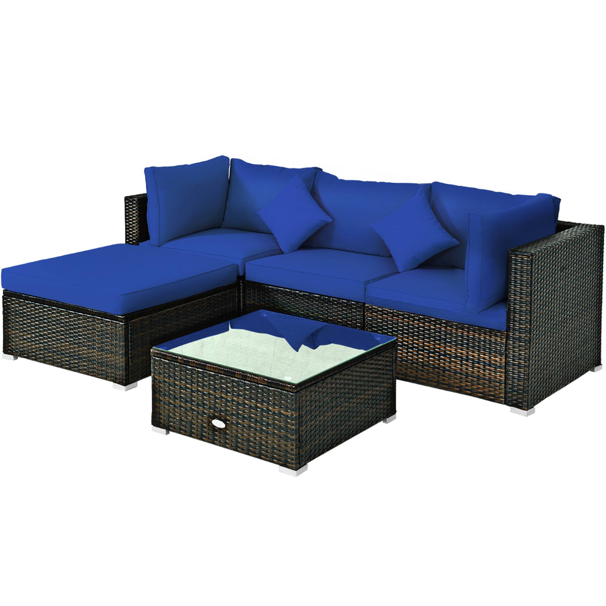 Alt View 1. Gymax - Gymax 5PC Rattan Patio Conversation Set Outdoor Furniture Set w/ Ottoman Cushion - Navy.