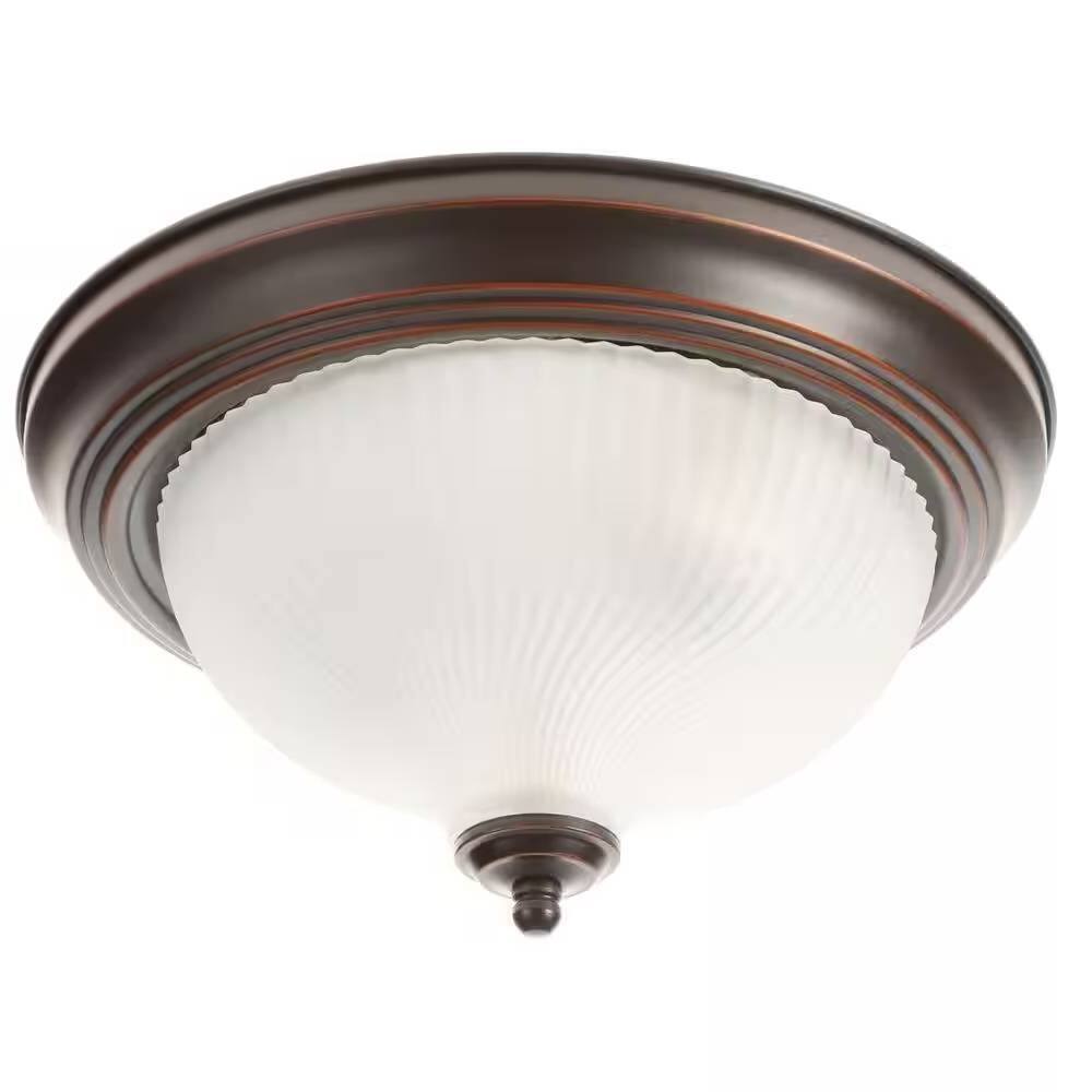 Angle. Hivvago - Round 11-inch Bronze Finish Ceiling Light with Frosted Glass Shade - Flush Mount - Brown.