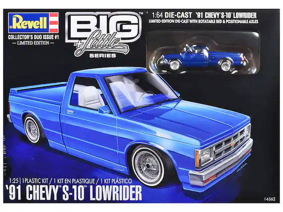Sure, here is the corrected and grouped text from the image:
---
**Revell**
**BIG Little Series**
**COLLECTOR'S DUO ISSUE #1**
— LIMITED EDITION —
**1:64 DIE-CAST '91 CHEVY S-10 "LOWRIDER"**
LIMITED-EDITION DIE-CAST WITH ROTATABLE BED & POSITIONABLE AXLES
**1:25 | 1 PLASTIC KIT / 1 KIT EN PLASTIQUE / 1 KIT PLÁSTICO**
'91 CHEVY S-10 LOWRIDER
**14562**
---
This text is organized to reflect the information as it appears on the packaging.
