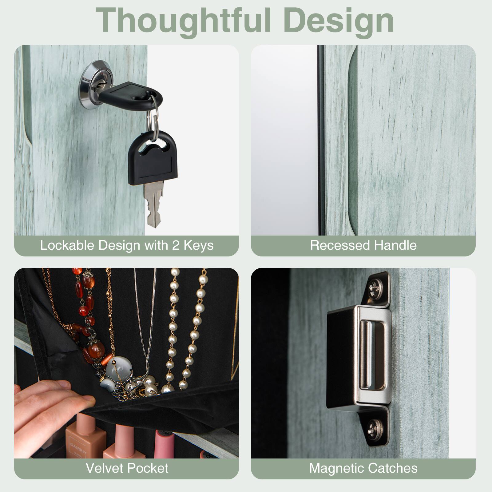 Thoughtful Design

- Lockable Design with 2 Keys
- Recessed Handle
- Velvet Pocket
- Magnetic Catches