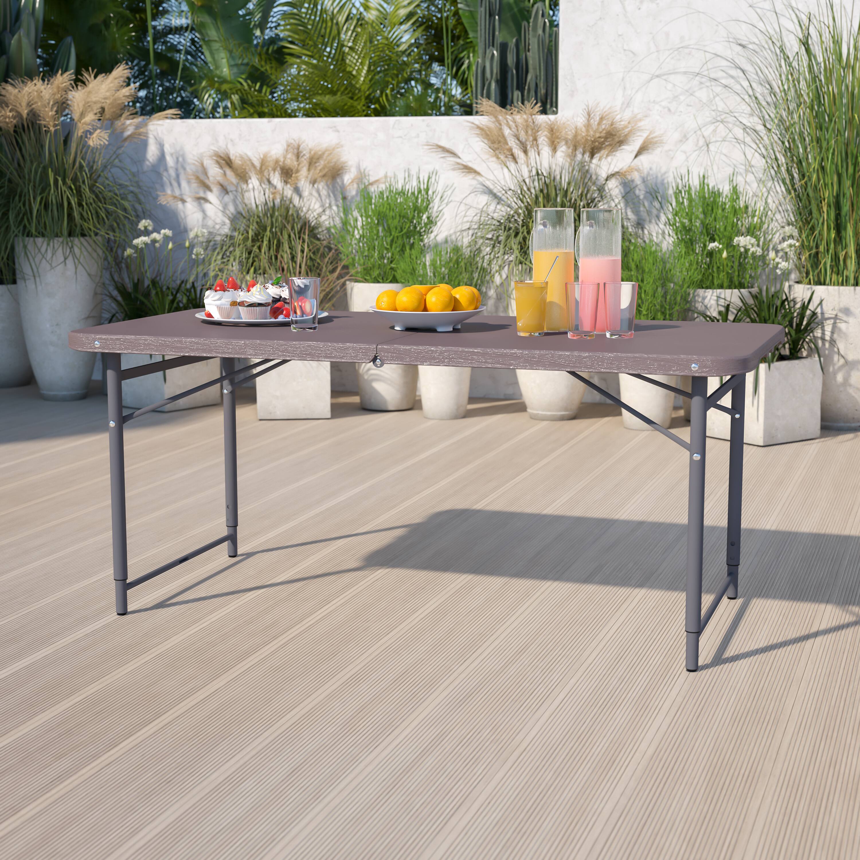 Alt View 1. Emma + Oliver - 4-Foot Height Adjustable Bi-Fold Dark Gray Plastic Folding Table with Handle - Brown.