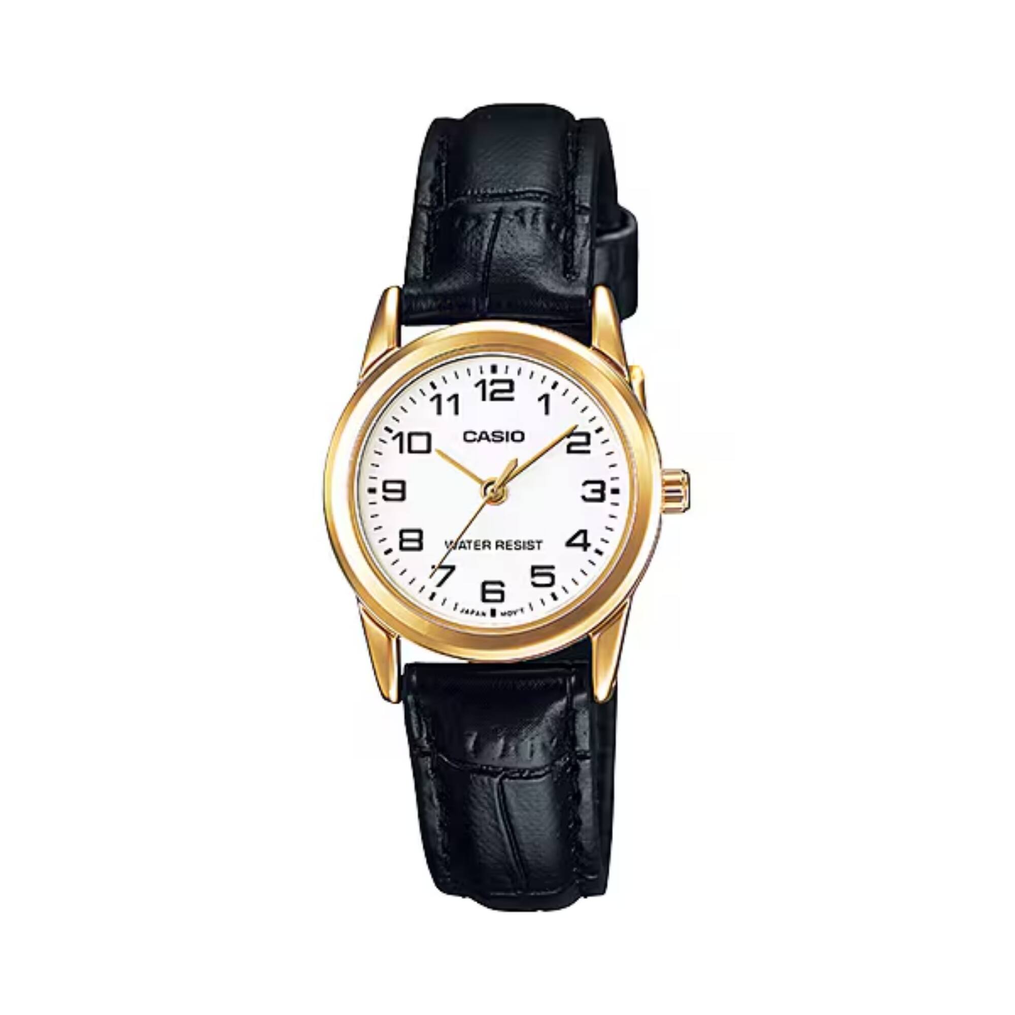Casio - Women’s Classic Analog Watch with Gold Case and Leather Strap - LTP-V001GL-7B - Black
