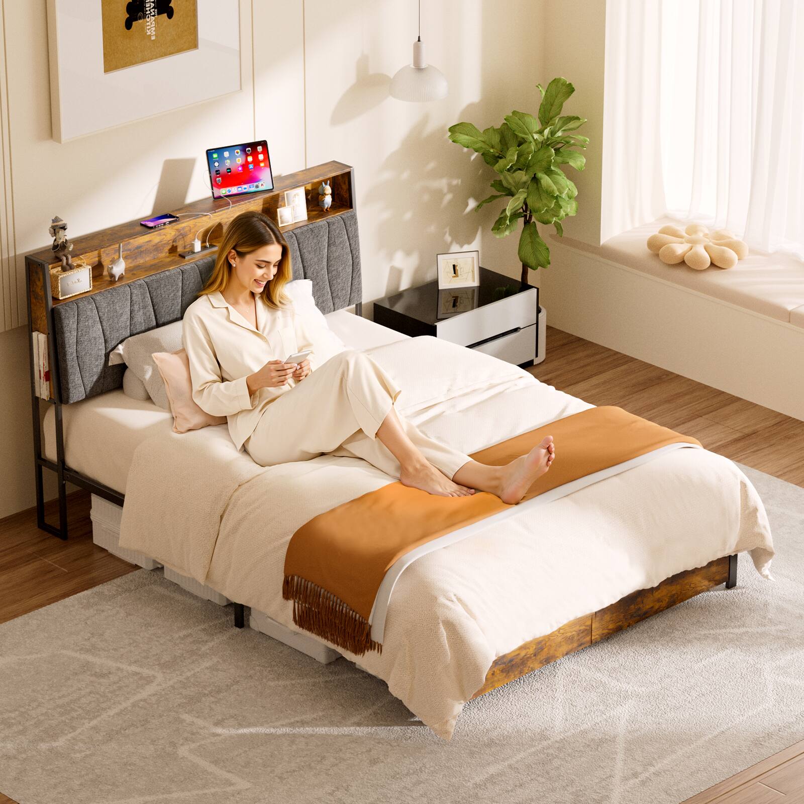 Alt View 5. CloudRest Pro - Full Size Platform Bed Frame with LED Lights and Charging Station, Storage Headboard and Footboard Drawers - Brown.