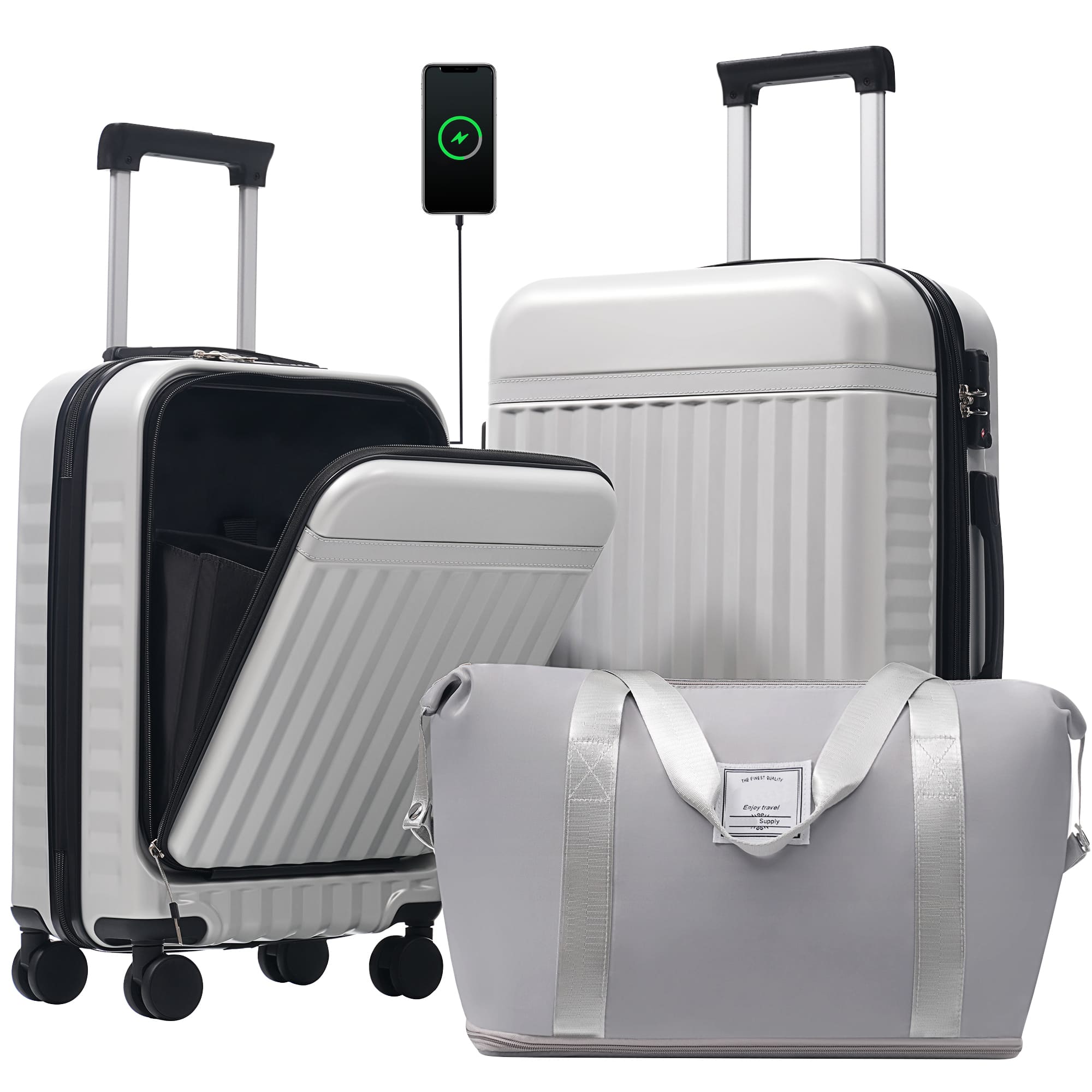 ELEMENT ACE - 3 Piece Hardside Luggage Set with USB, Expandable Suitcase, Spinner Wheels & TSA Lock - Grey+White
