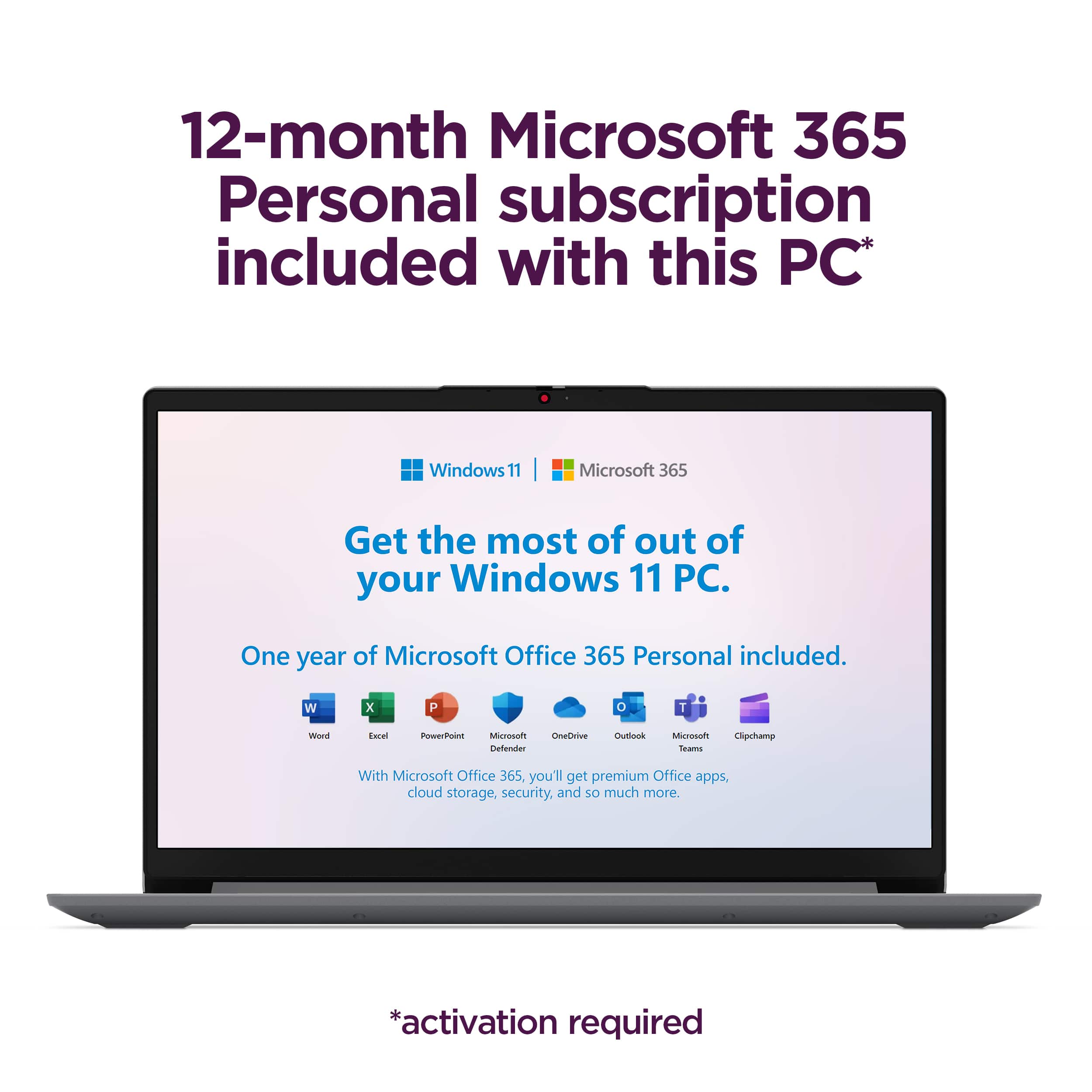 12-month Microsoft 365 Personal subscription included with this PC* Windows 11 | Microsoft 365 Get the most out of your Windows 11 PC. One year of Microsoft Office 365 Personal included. With Microsoft Office 365, you'll get premium Office apps, cloud storage, security, and so much more. *activation required