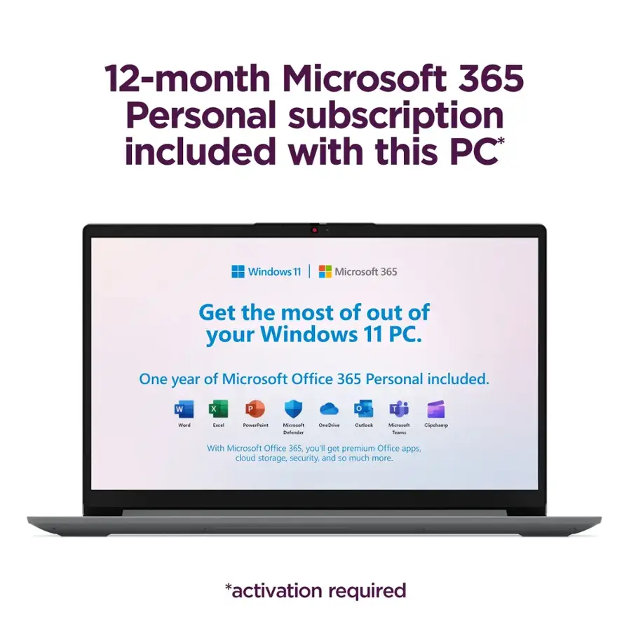 12-month Microsoft 365 Personal subscription included with this PC* Windows 11 | Microsoft 365 Get the most out of your Windows 11 PC. One year of Microsoft Office 365 Personal included. With Microsoft Office 365, you'll get premium Office apps, cloud storage, security, and so much more. *activation required