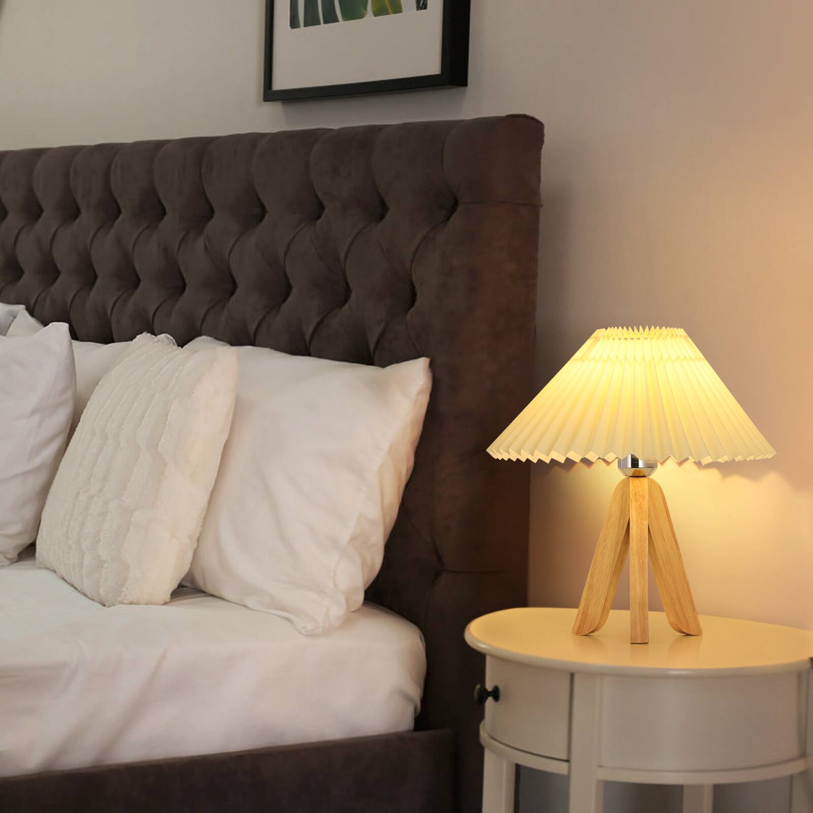Alt View 1. Oumilen - Wood Tripod Table Lamp with Pleated Fabric Shade, E26 Socket, 13.77in Tall Bedside Lamp for Bedroom Living Room.