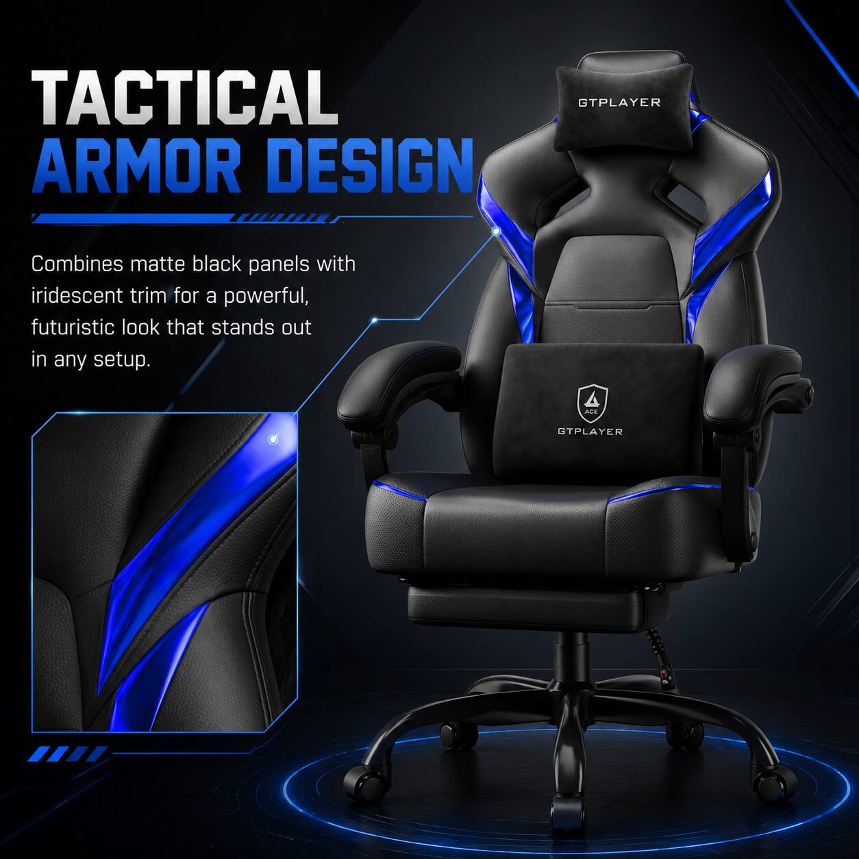 TACTICAL ARMOR DESIGN GTPLAYER Combines matte black panels with iridescent trim for a powerful, futuristic look that stands out in any setup.