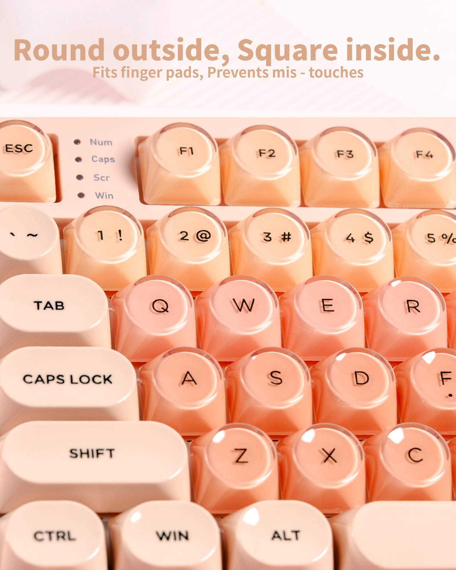 Round outside, Square inside.  
Fits finger pads, Prevents mis-touches  

ESC Num Caps Scr Win  
1 ! 2 @ 3 # 4 $ 5 %  
TAB Q W E R  
CAPS LOCK A S D F  
SHIFT Z X C  
CTRL WIN ALT