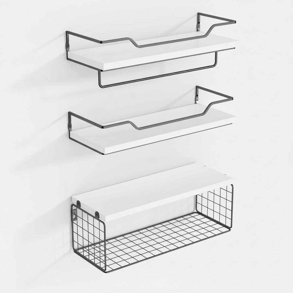 Dazzed Corner - Set of 3 Floating Shelves Wall Mounted, Wood Bathroom Shelf Over Toilet with Paper Storage Basket - White