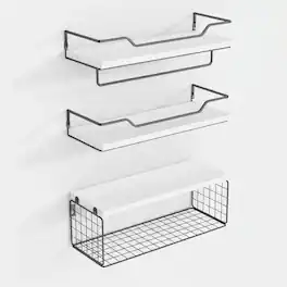 Dazzed Corner - Set of 3 Floating Shelves Wall Mounted, Wood Bathroom Shelf Over Toilet with Paper Storage Basket - White