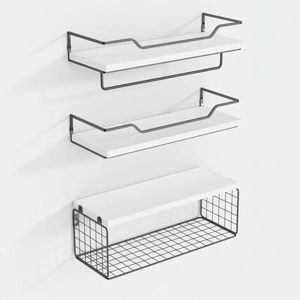 Front. Dazzed Corner - Set of 3 Floating Shelves Wall Mounted, Wood Bathroom Shelf Over Toilet with Paper Storage Basket - White.