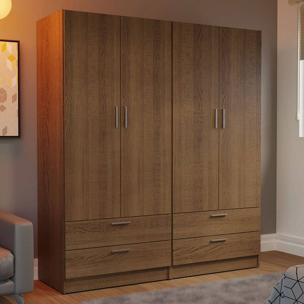 Angle. Madesa - Madesa 4 Doors 4 Drawers Wardrobe with Shelves and Hanging Space 63"L - Rustic - Brown.