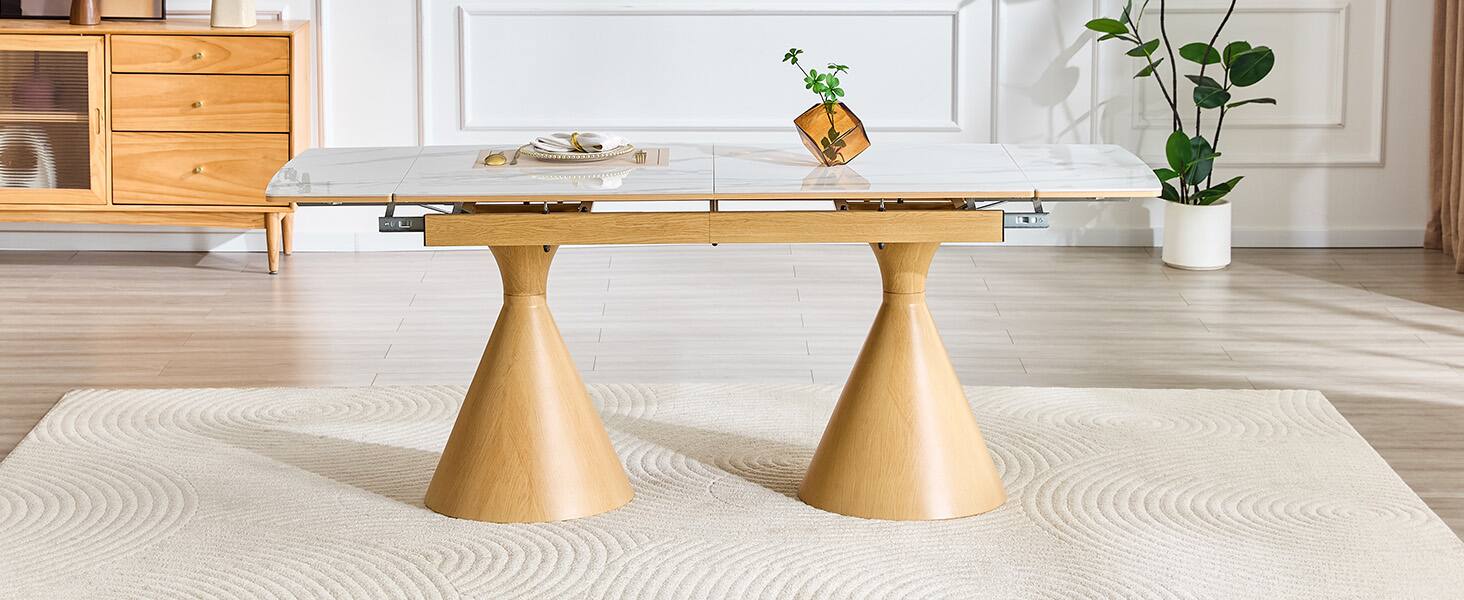 Alt View 7. Loheer - Loheer Extendable Dining Table, White Marble Effect Sintered Stone Top, Modern Rectangle for 4 to 8 People - White and wood.