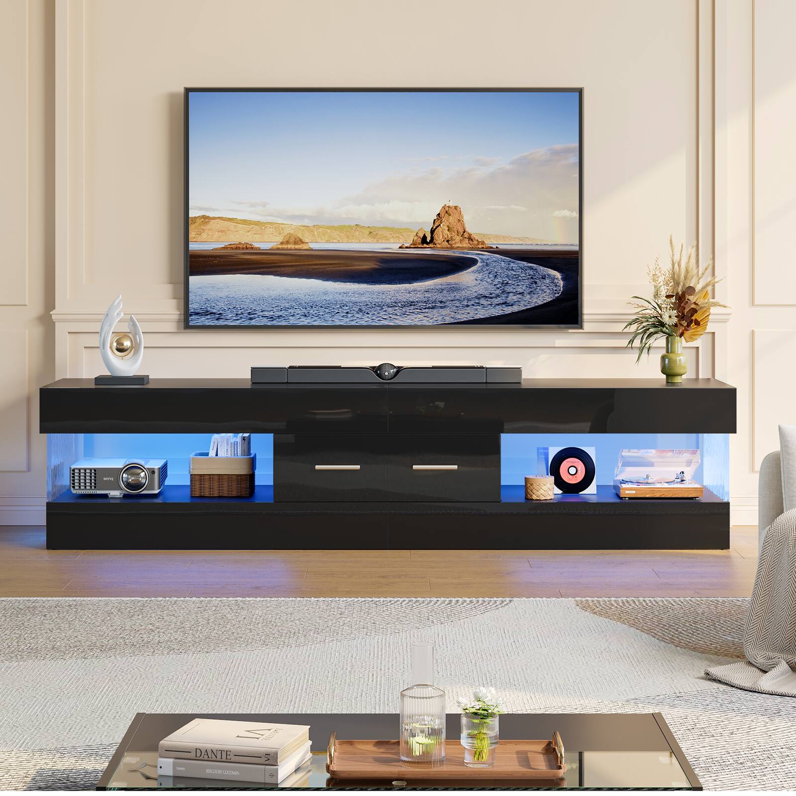 Back. Bestier - 67 Inch TV Stand for 75 Inch TVs, Entertainment Center with Storage Drawer and LED Lights - Glossy Black.