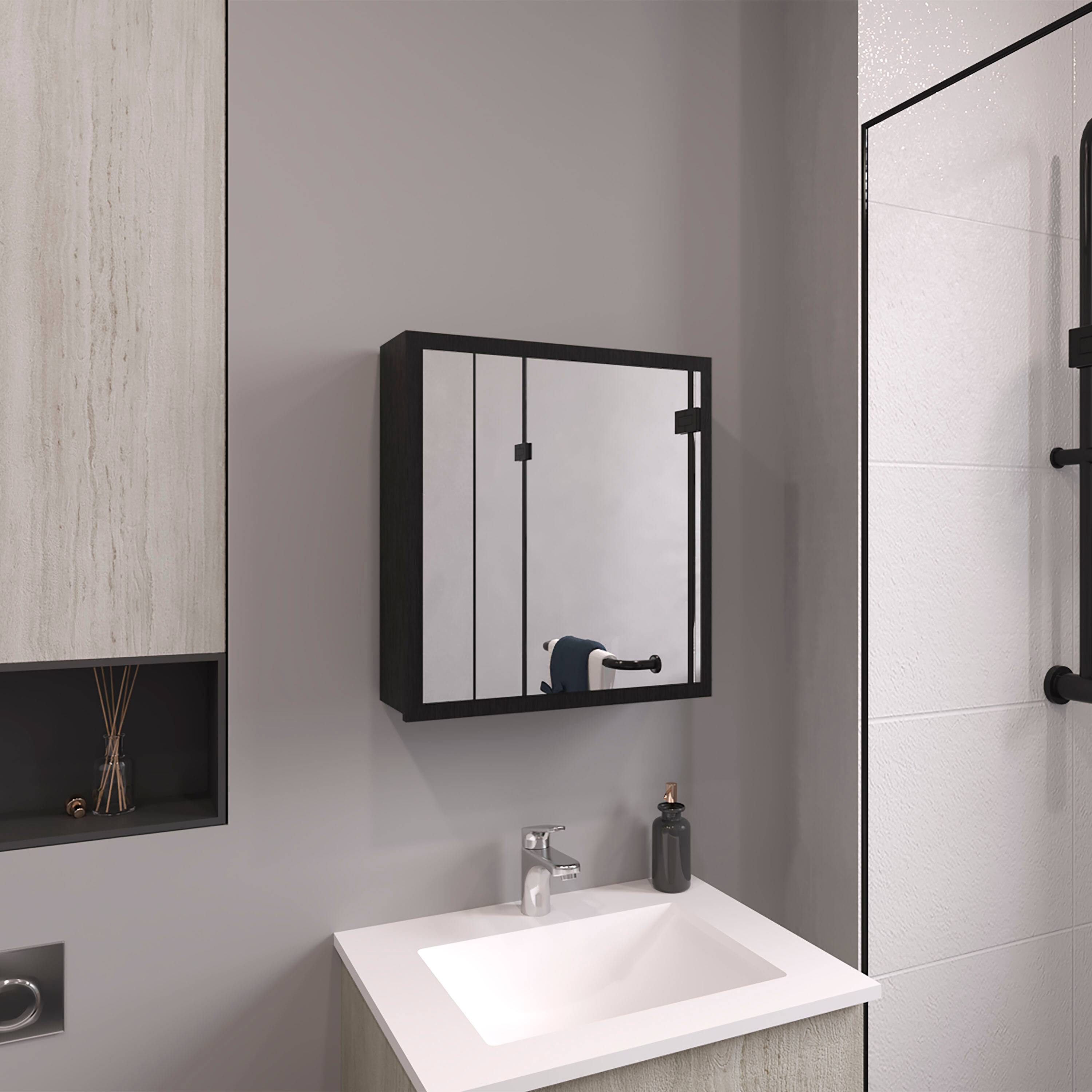 Angle. TuHome - Duma 21.1" H X 19.7" W Mirror Medicine Cabinet, One Door With Four Interior Shelves For Bathroom, Kitchen - Black Wengue.