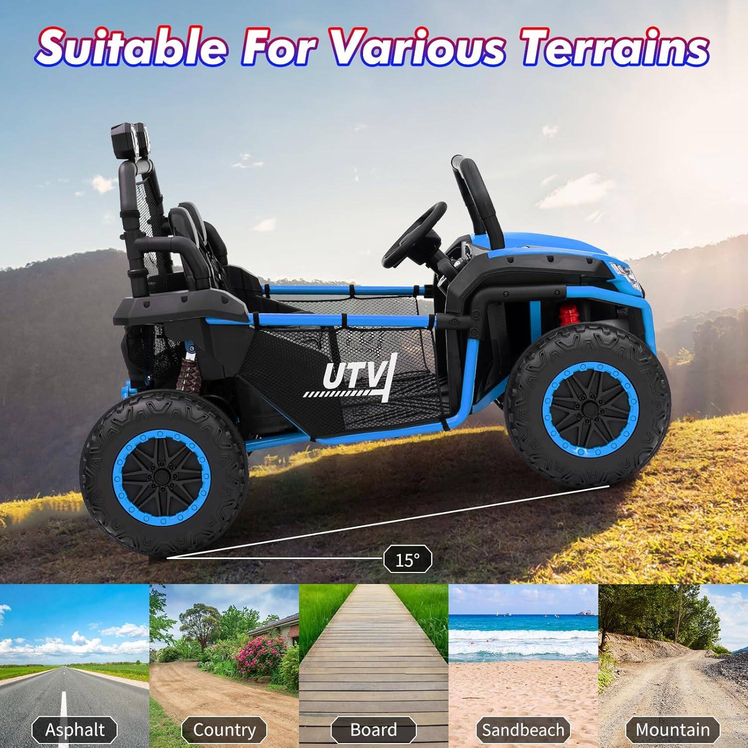 Suitable For Various Terrains

15°

Asphalt  
Country  
Board  
Sandbeach  
Mountain