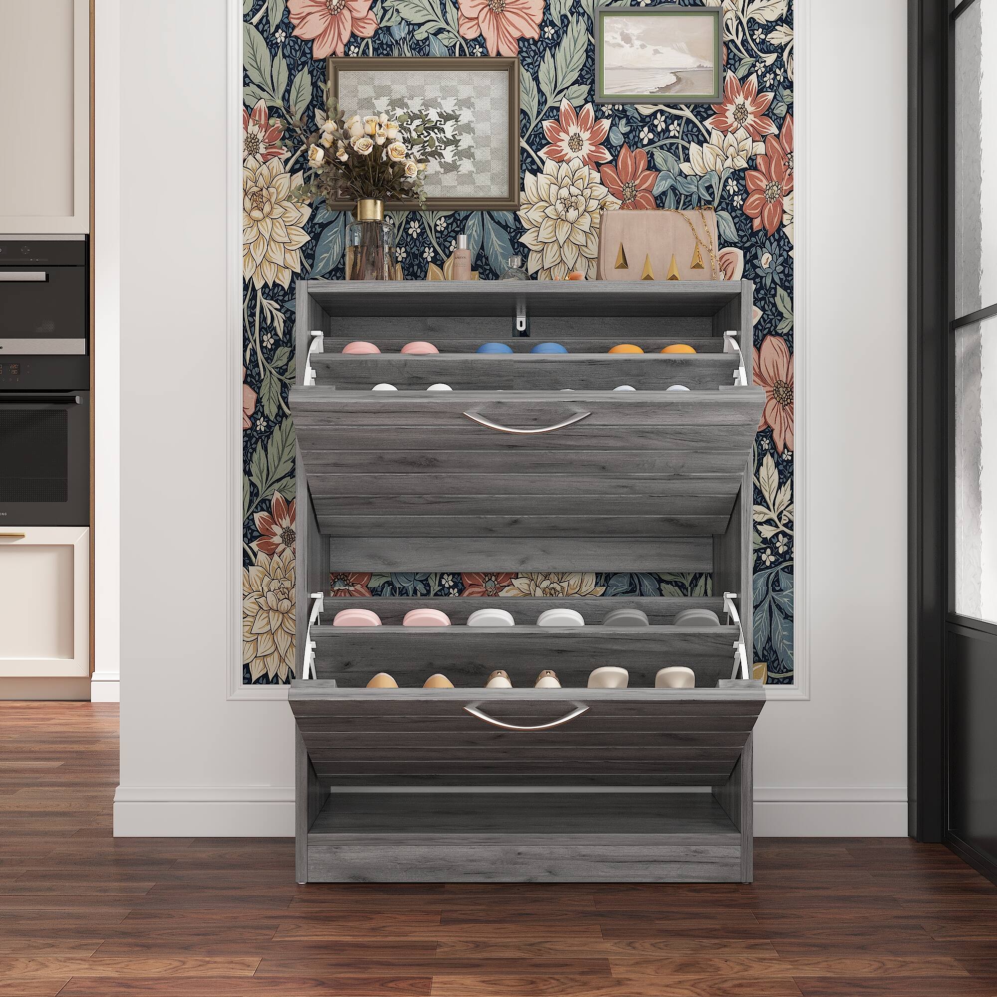 Alt View 9. Famapy - Famapy Flip - Down Desigh Shoe Racks Rustic Charm, Smart Storage Shoe Cabinet - Gray.