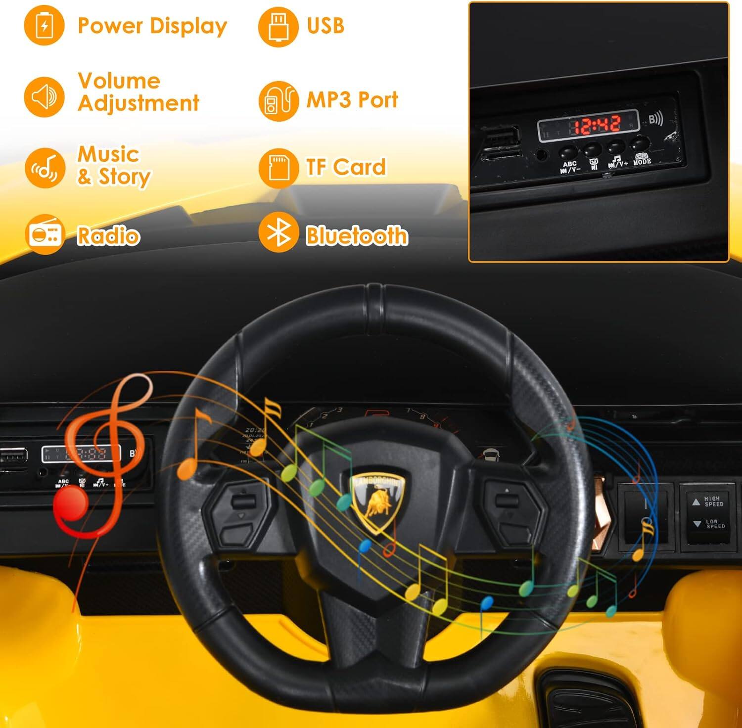 - Power Display
- USB
- Volume Adjustment
- MP3 Port
- Music & Story
- TF Card
- Radio
- Bluetooth
12:42
ABC 2 N+ NOON
HIGH SPEED
LOW SPEED