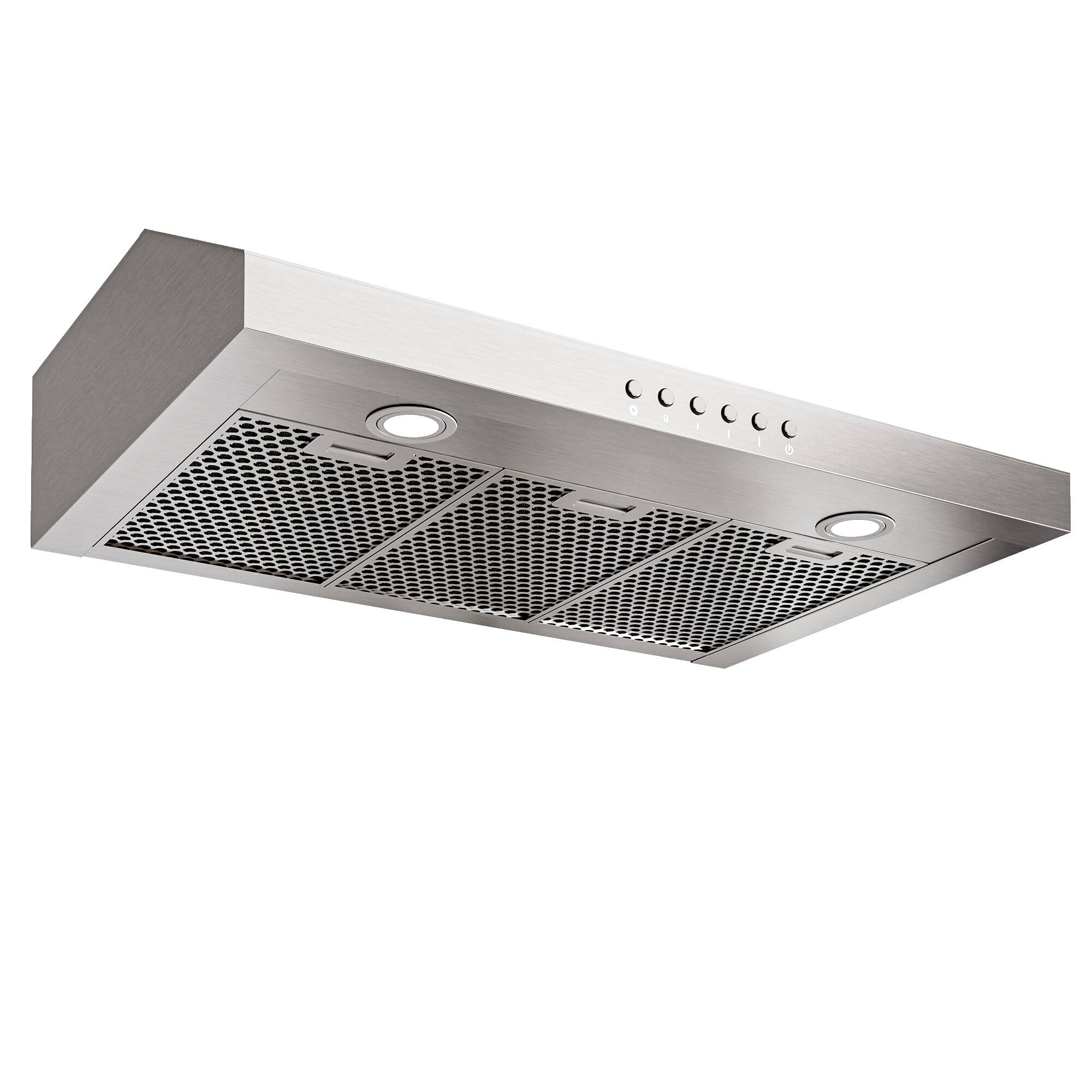 Angle. Onefly - 36 Inches - Externally Vented - Under Cabinet Range Hood - Silver.