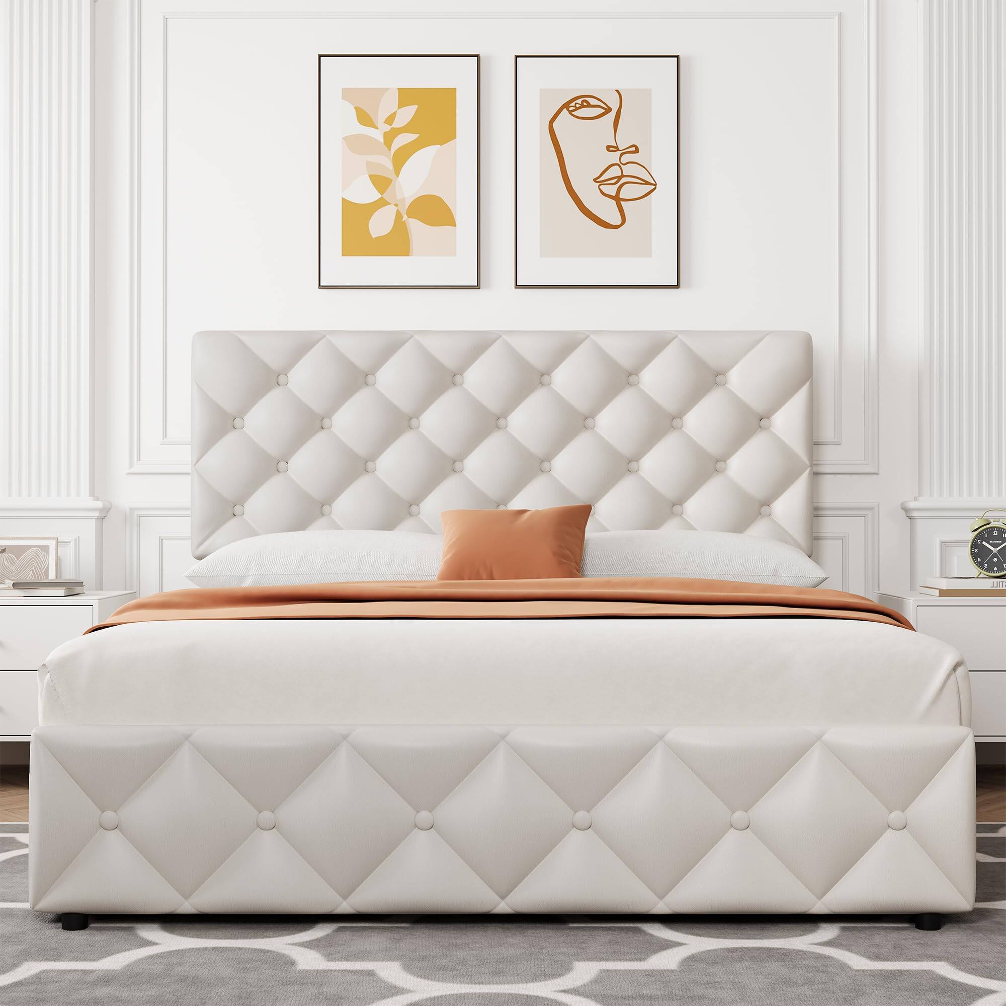 Left. Jojoka - Full Upholstered Bed Frame with 4 Drawers & Adjustable Tufted Headboard, Diamond Stitched Button Tufted - White-PU.