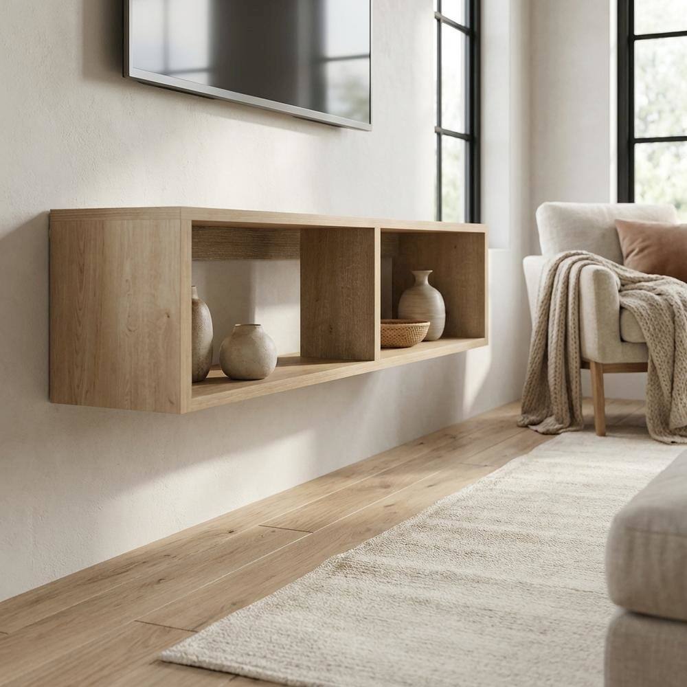 Alt View 2. FurniFact - Oak floating TV stand with 2 shelves for modern living spaces - Beige.